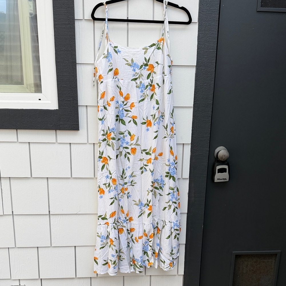 White Floral Maxi Slip Dress with Orange & Blue Bloom